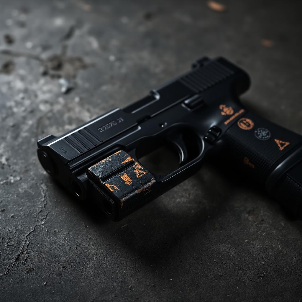 Worn factory black pistol slide with visible holster wear
